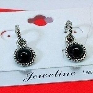 Vintage 90s Silver Tone Black Cabochon J-Hoop Drop Earrings Twisted Rope Detail
